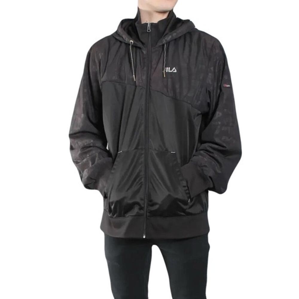 FILA Jacket Men L Black Hooded Rain Windbreaker Logo-Printed Drawstring Pocket